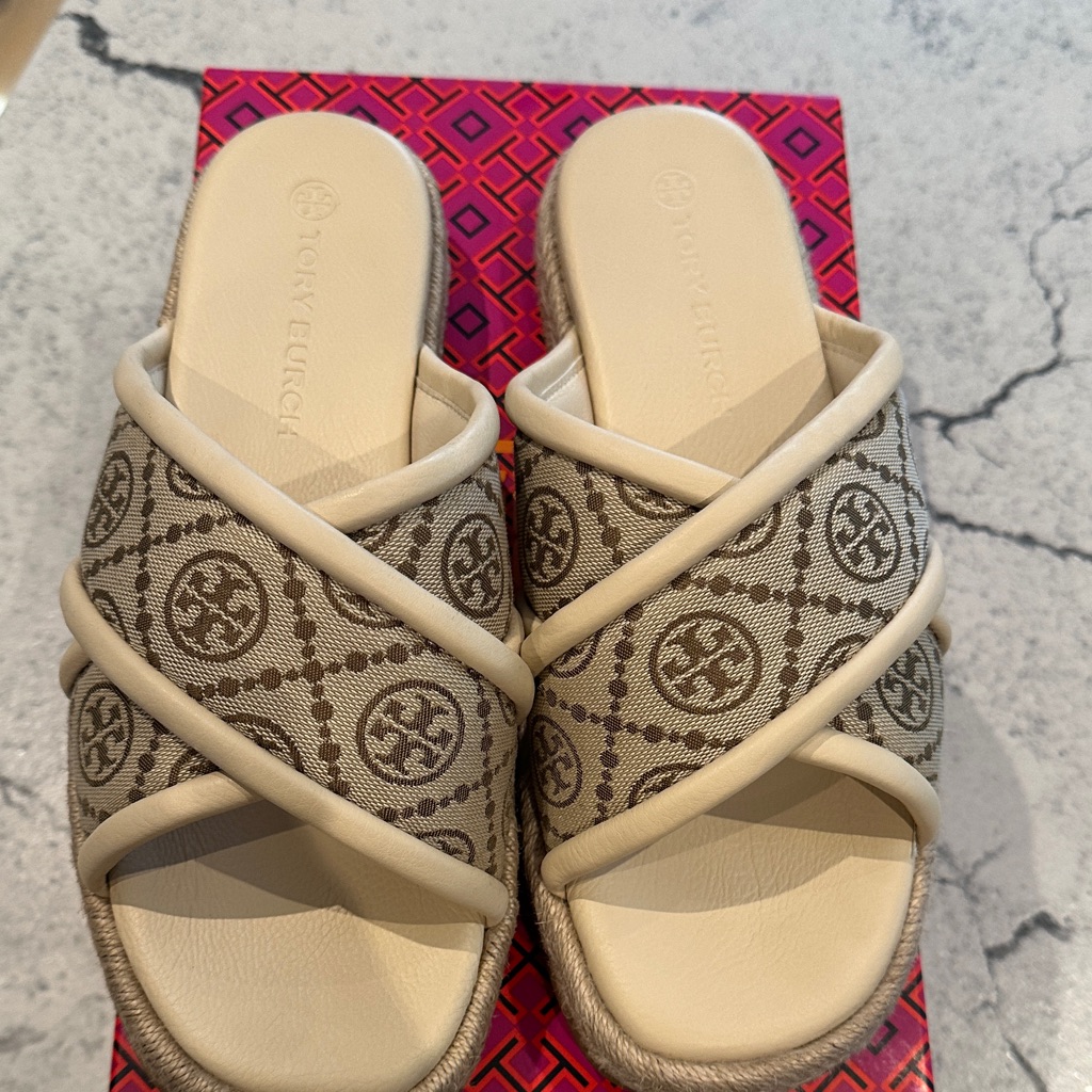Tory Burch Cream And Taupe Logo Slide Sandals